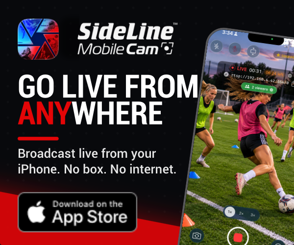 SideLine Mobile Cam — go live from anywhere. Broadcast from your iPhone, no box, no internet. Download on the App Store.